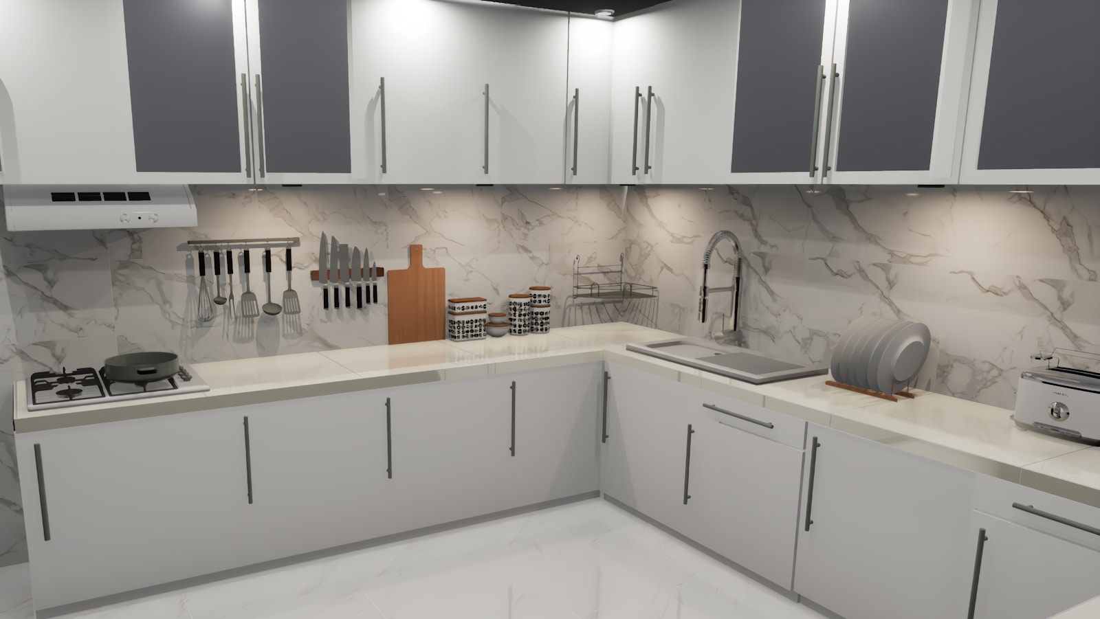Clean multi-unit kitchen with marble surfaces